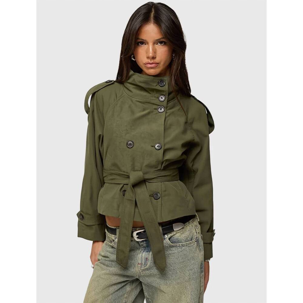 NEW HIDDENBRAND stand-collar buttoned belted short trench coat in green